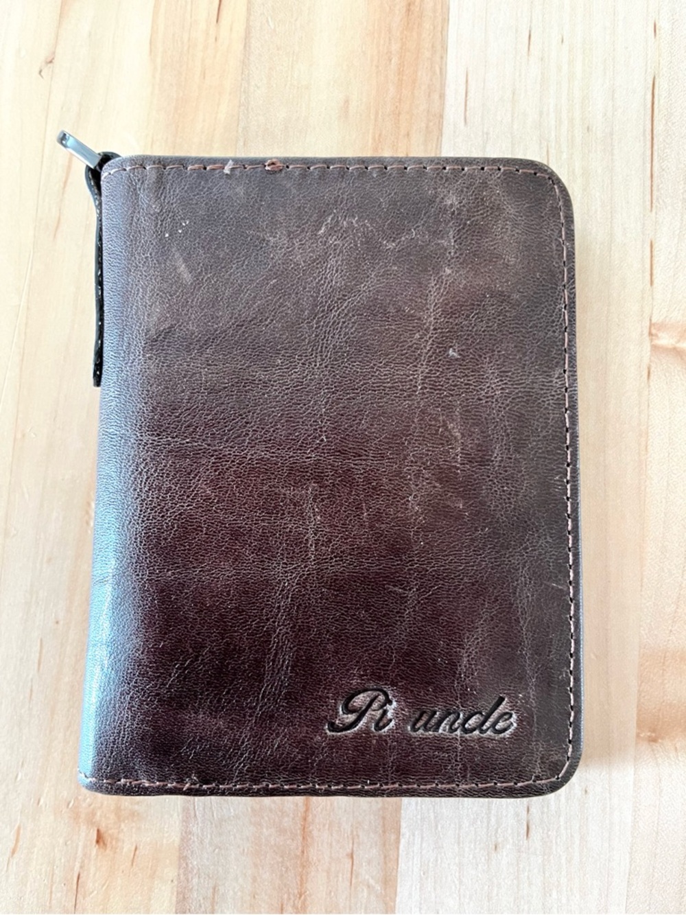 Pi uncle Embossed Brown Leather Zip Wallet